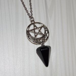 Pentacle Pendulum Necklace Spiritual Pagan Wiccan Gothic Black Stone